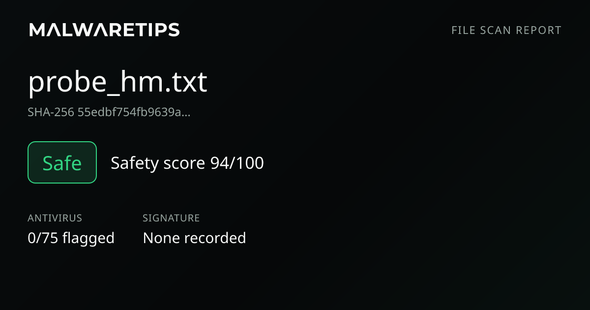 probe_hm.txt: Safe File Scan | 0/75 detections · MalwareTips Tools