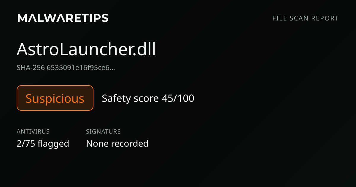 AstroLauncher.dll: Suspicious File Scan | 2/75 detections · MalwareTips ...