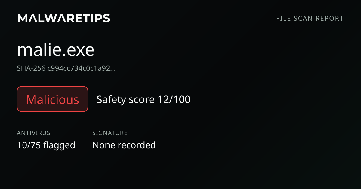 malie.exe: Malicious File Scan | 10/75 detections · MalwareTips Tools
