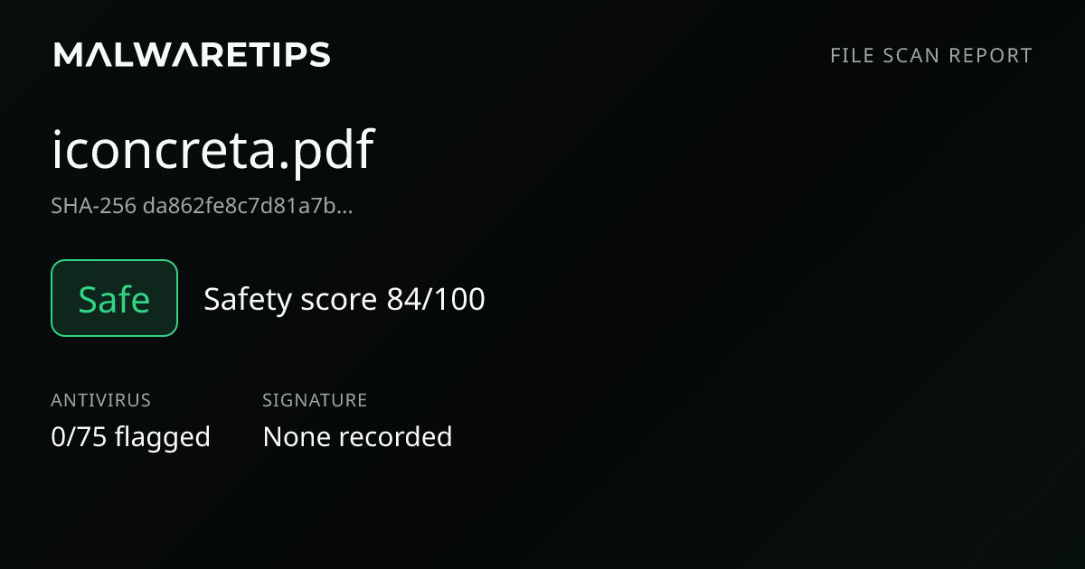 iconcreta.pdf: Safe File Scan | 0/75 detections · MalwareTips Tools