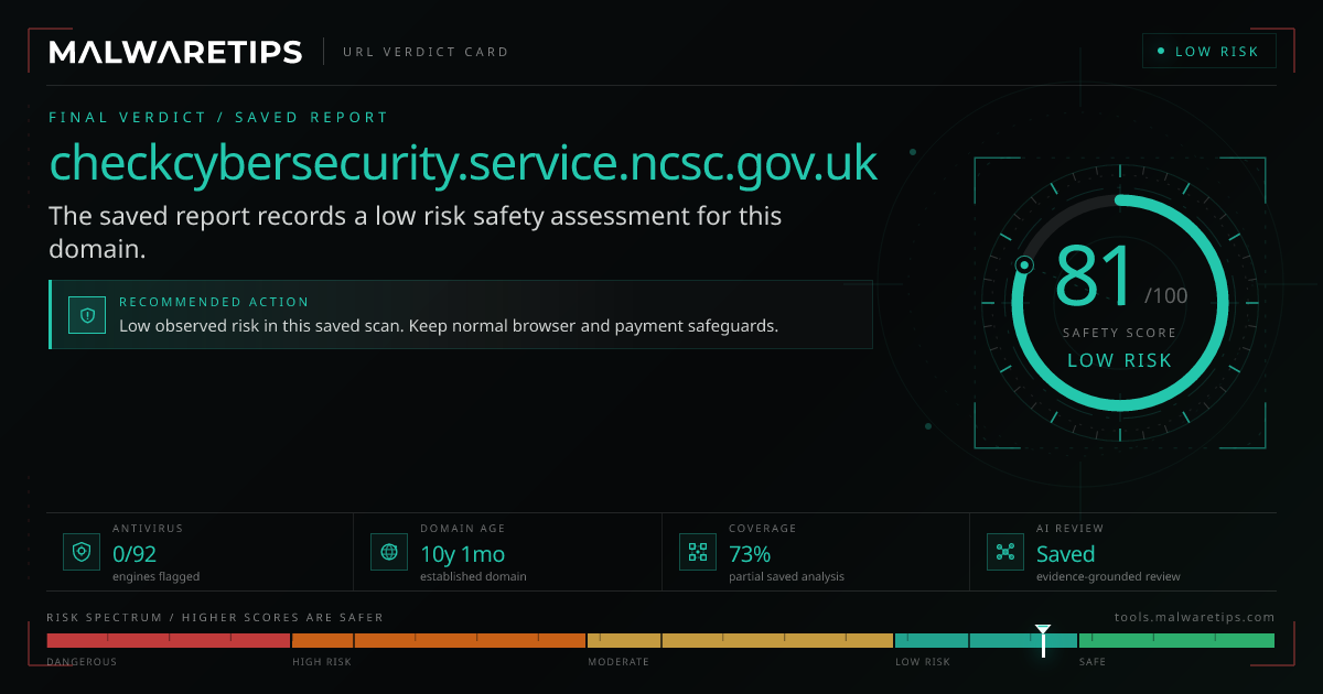 Checkcybersecurity.service.ncsc.gov.uk: Is It Safe? · MalwareTips Tools