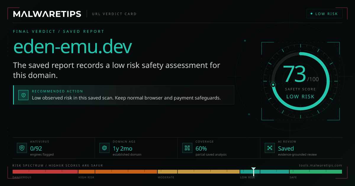 Eden-emu.dev: Is It Safe? See What We Found · MalwareTips Tools