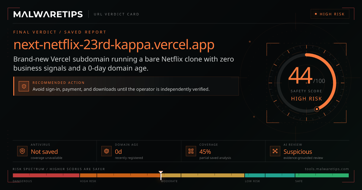 Next-netflix-23rd-kappa.vercel.app: Scam or Legit? · MalwareTips Tools