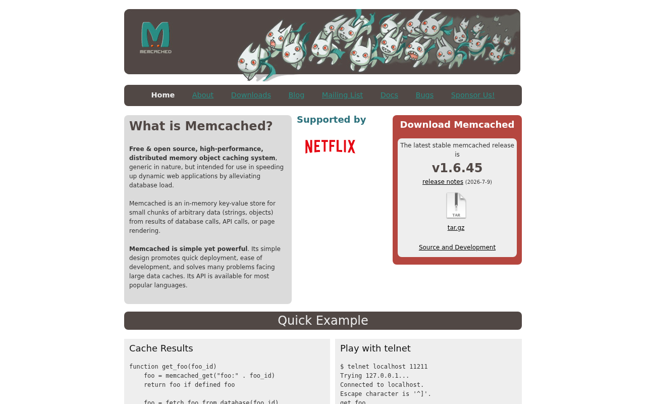 Screenshot of memcached.org