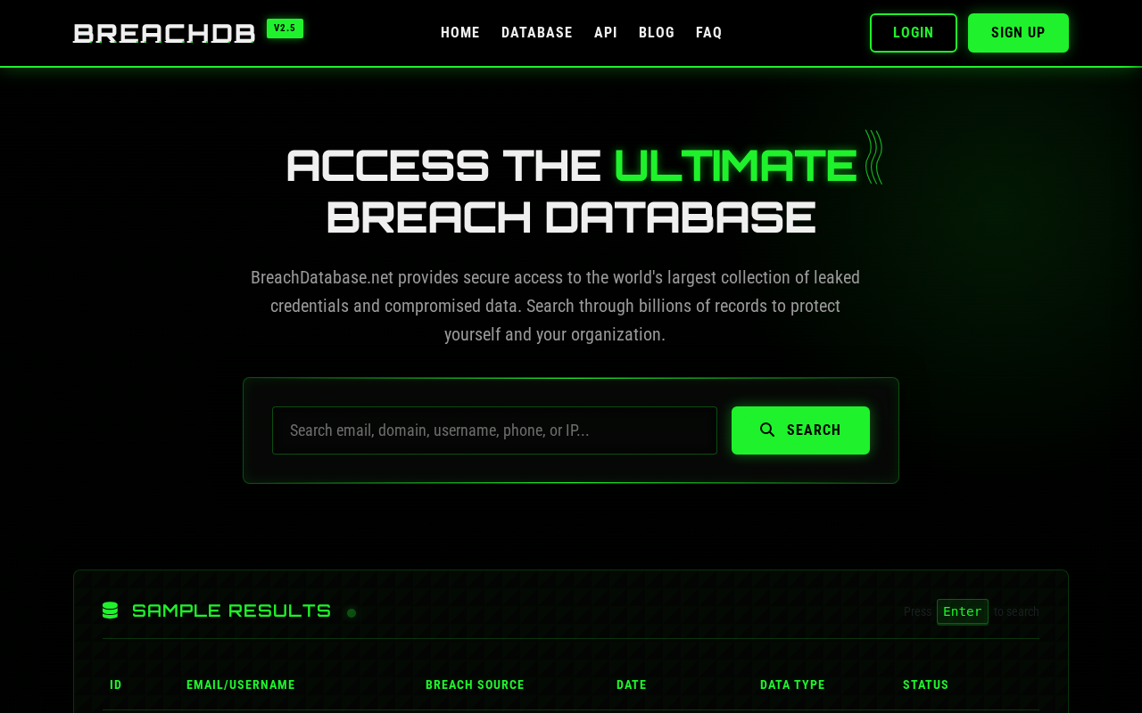 Screenshot of breachdatabase.net