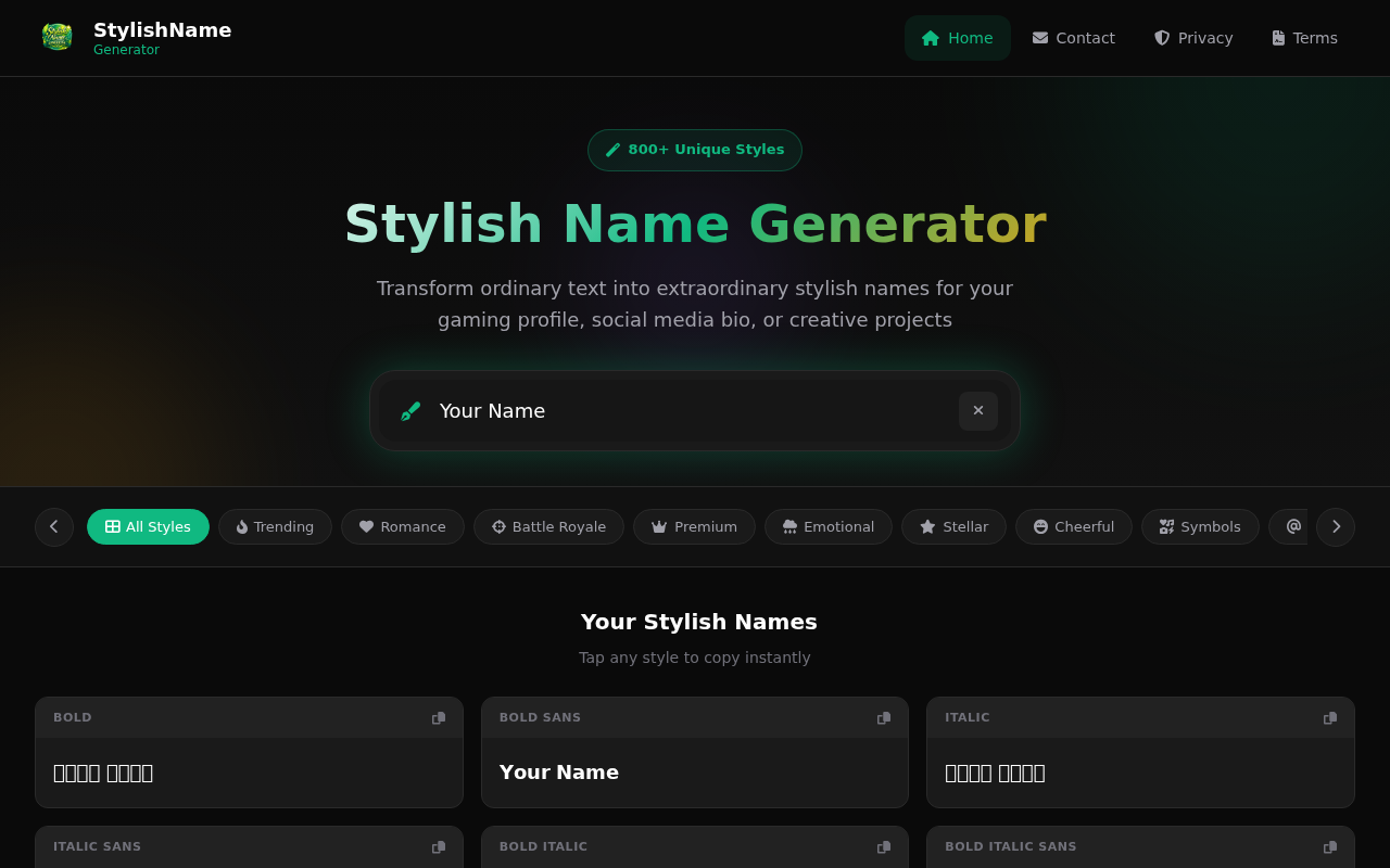 Screenshot of stylishnamegenerator.org